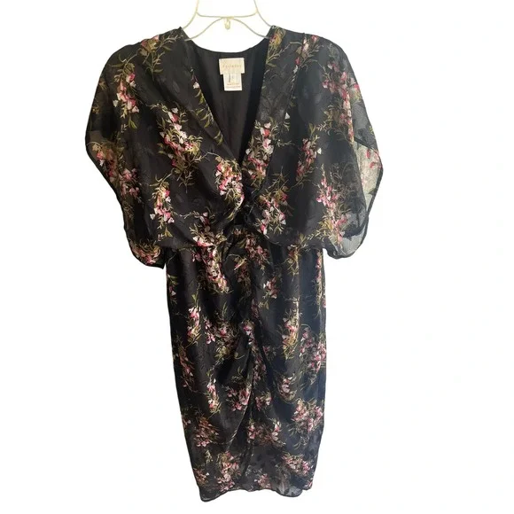 Anthro Foxiedox Black Floral Flutter Sleeve‎ Ruched V Neck Midi Dress Size 6 - Picture 2 of 7